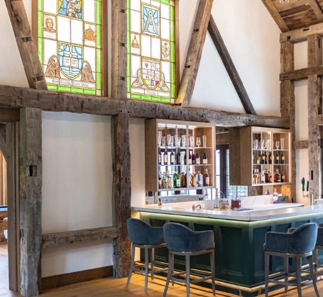 Timber-framed bar with stained glass windows
